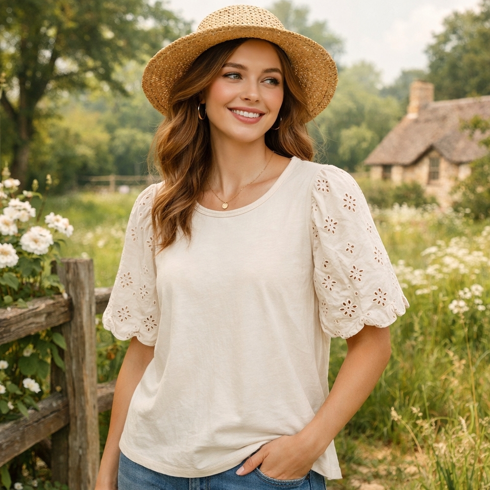 NWT Old Navy Cream Puff Sleeve Top 100% Cotton Eyelet Sleeve Blouse Cottagecore - Picture 1 of 6